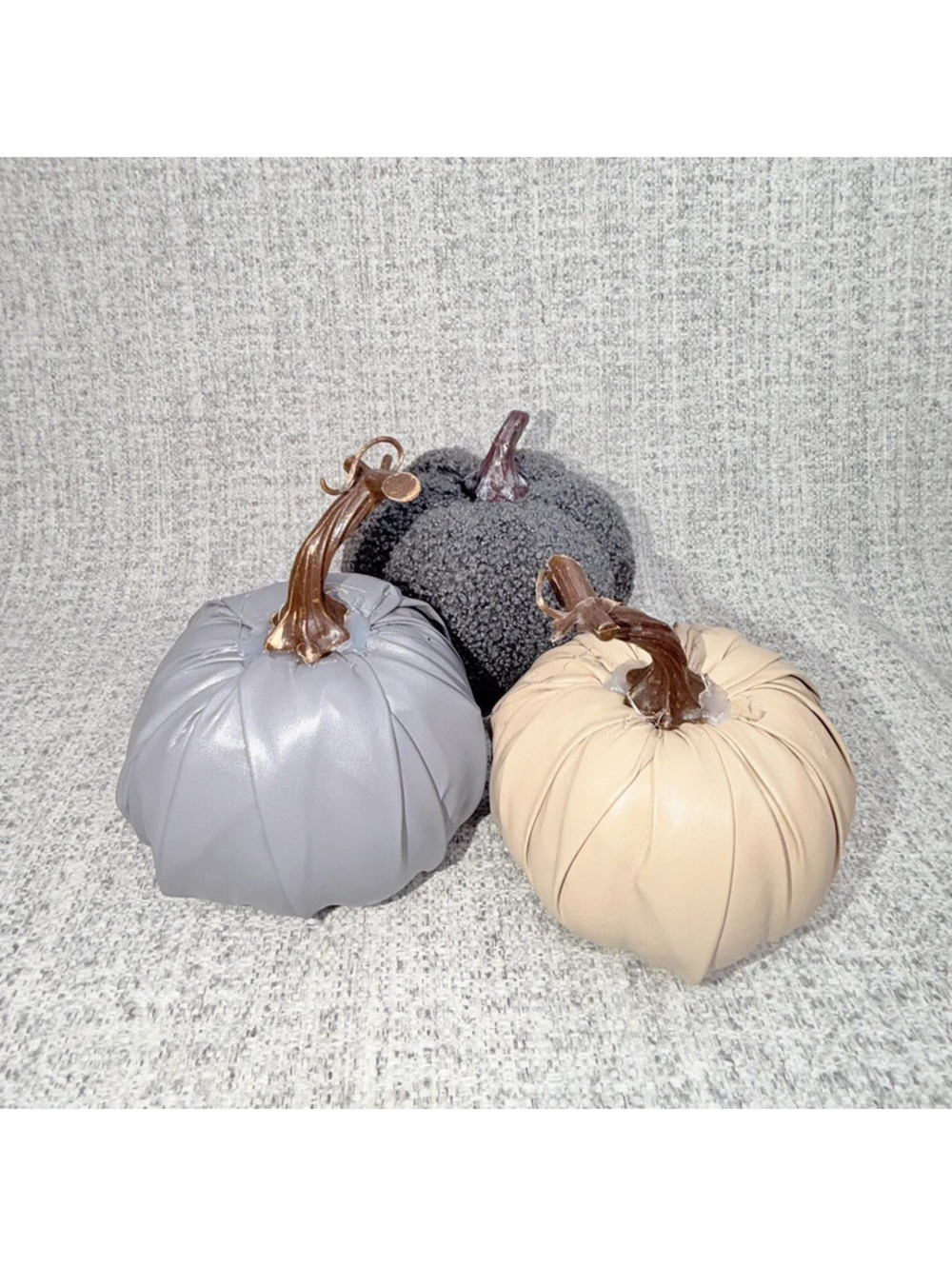 Set of 3 Faux Leather & Sherpa Pumpkins Gray Cream Neutral Fall Autumn Decor